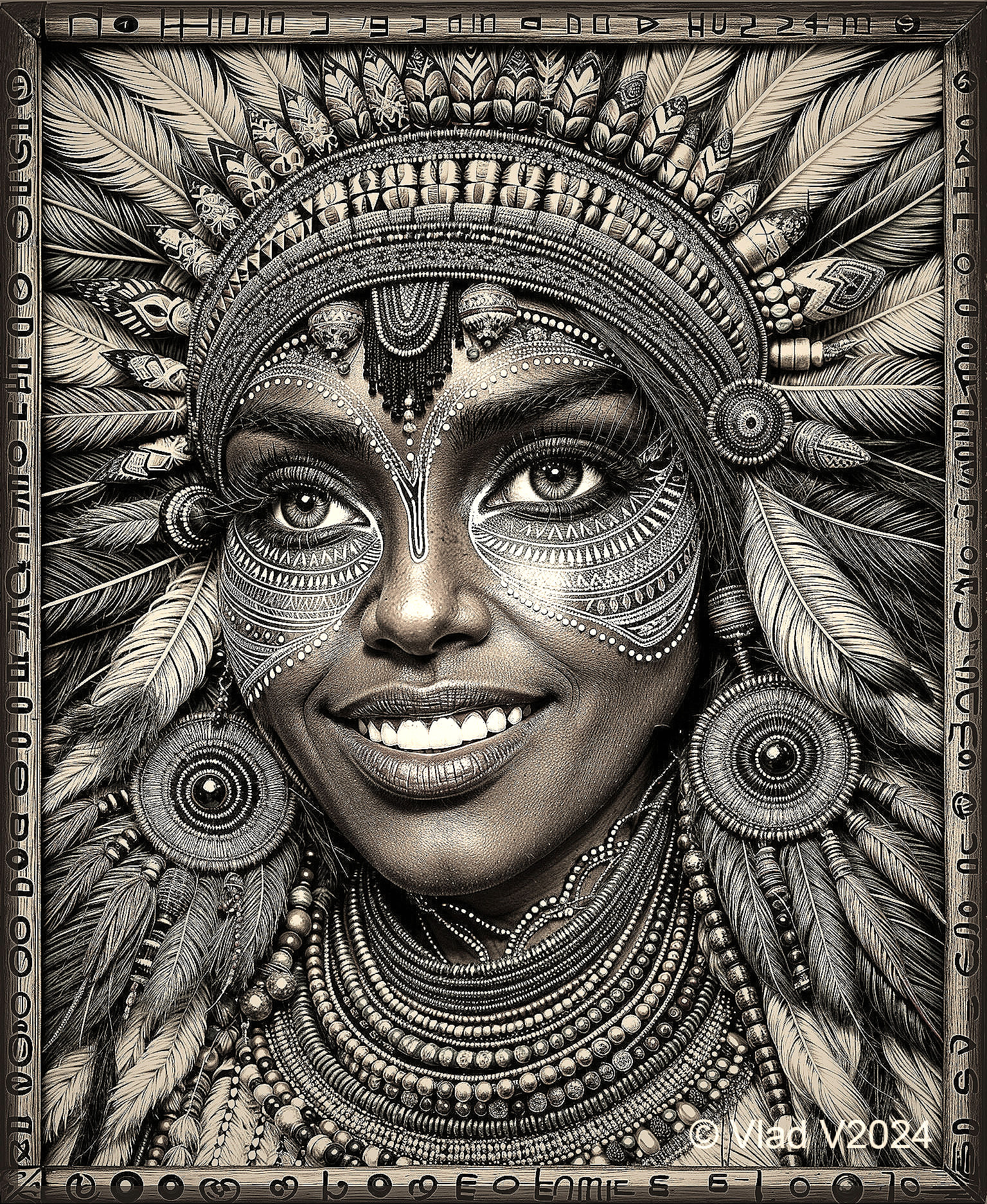 Monochromatic Portrait of Woman with Tribal Adornments