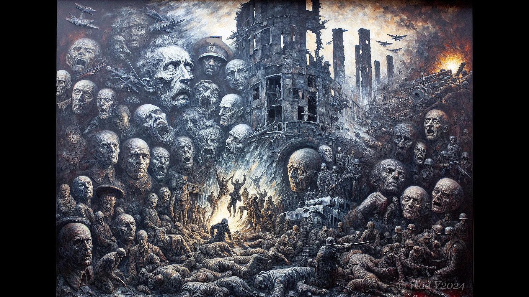 Dystopian Scene of Faceless Figures in Ruined City