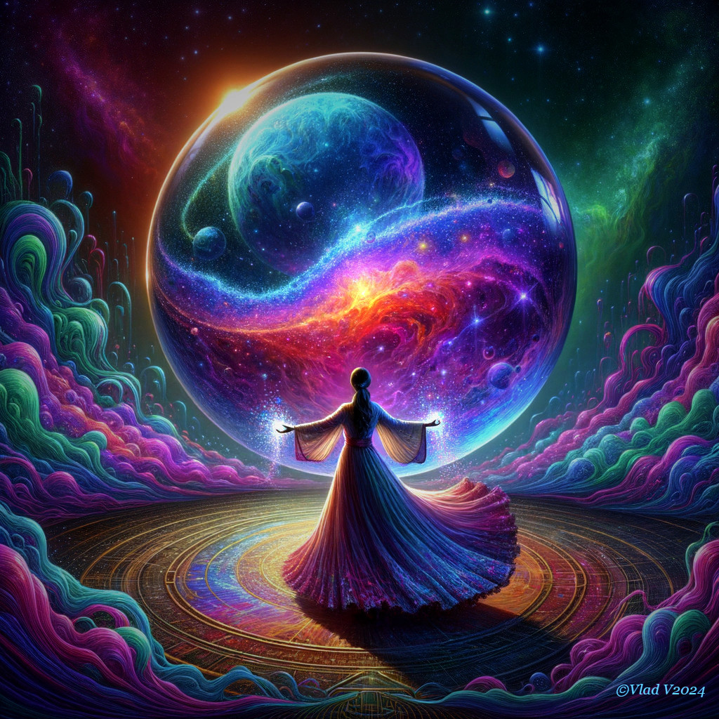 Mystical Figure in Cosmic Scene with Glowing Orbs