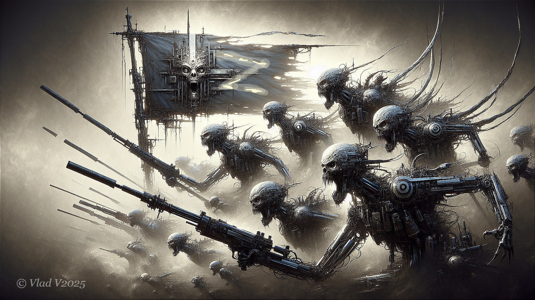 Robotic Entities Marching Under Dystopian Flag