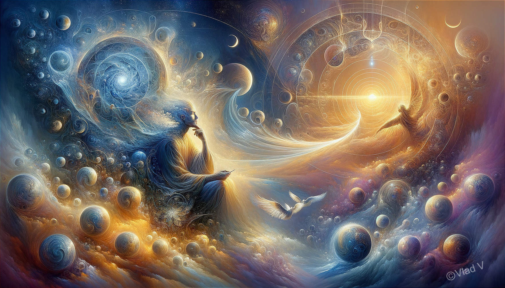 Mystical figure with cosmic energy and celestial orbs in swirling patterns