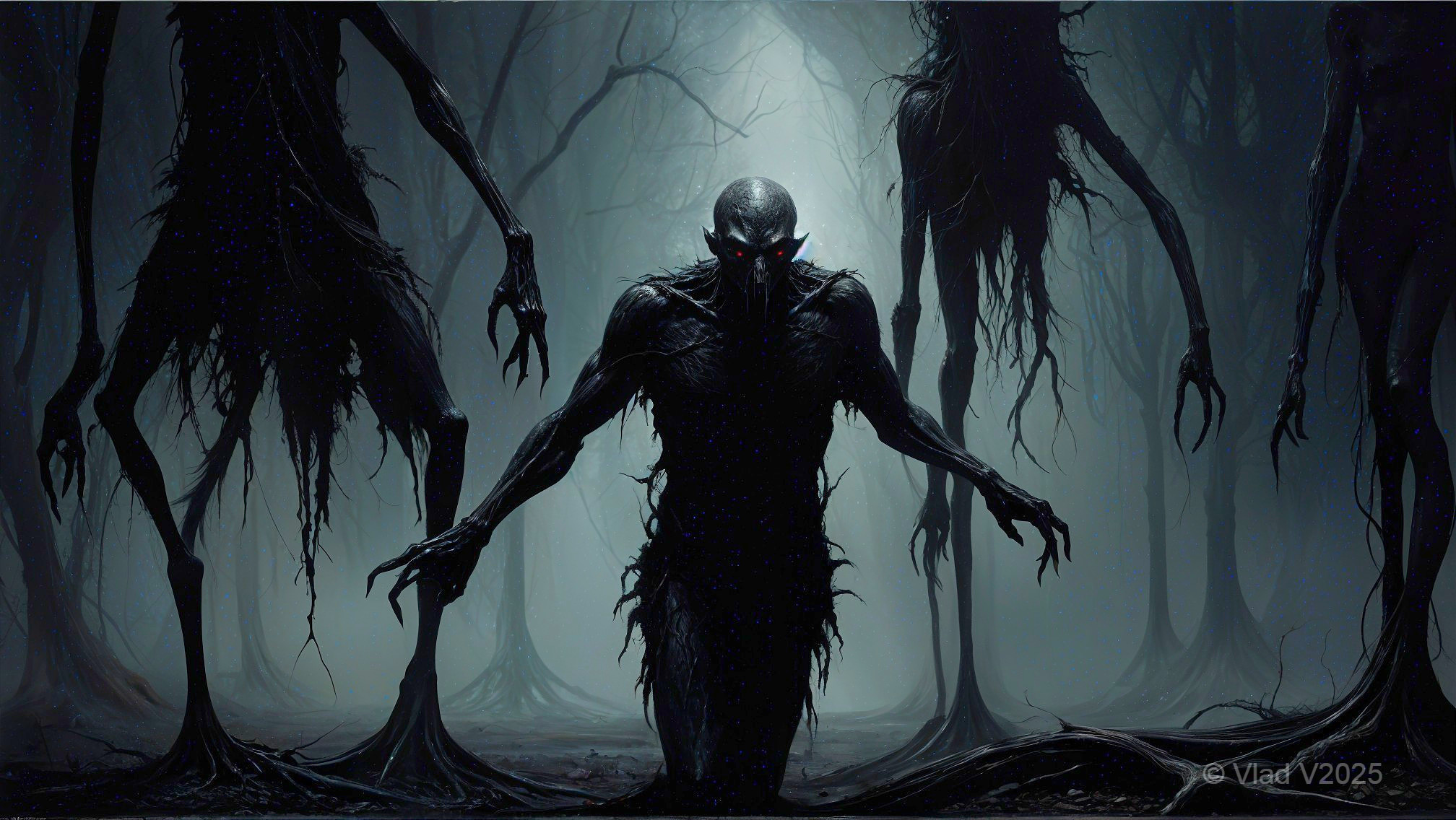 Ominous Figures in a Shadowy Forest Setting