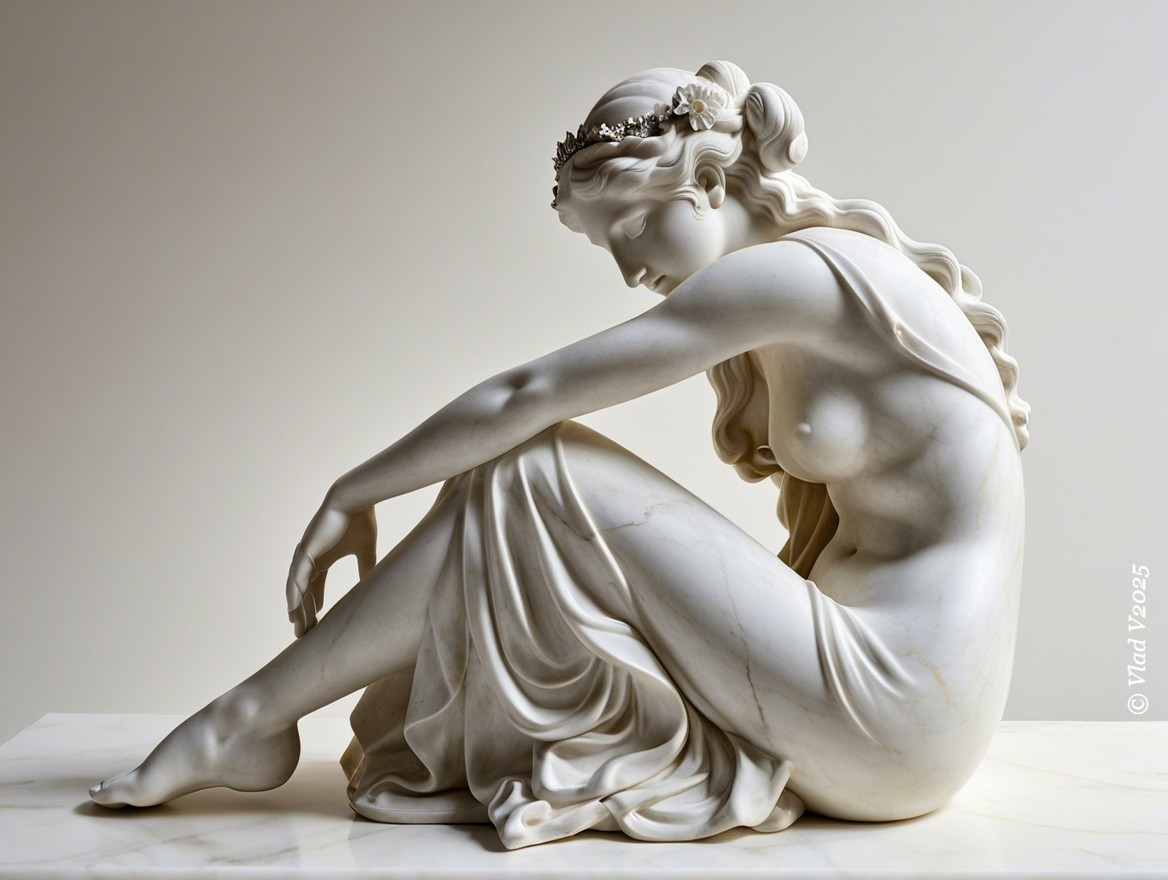 Marble Statue of a Contemplative Woman with Floral Crown