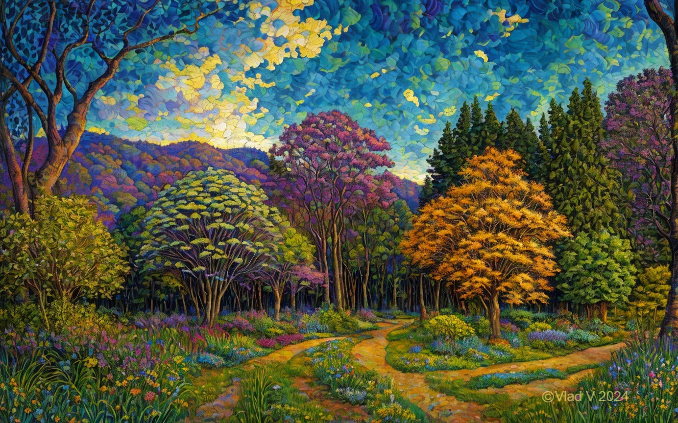 Vibrant Landscape with Winding Path and Colorful Trees