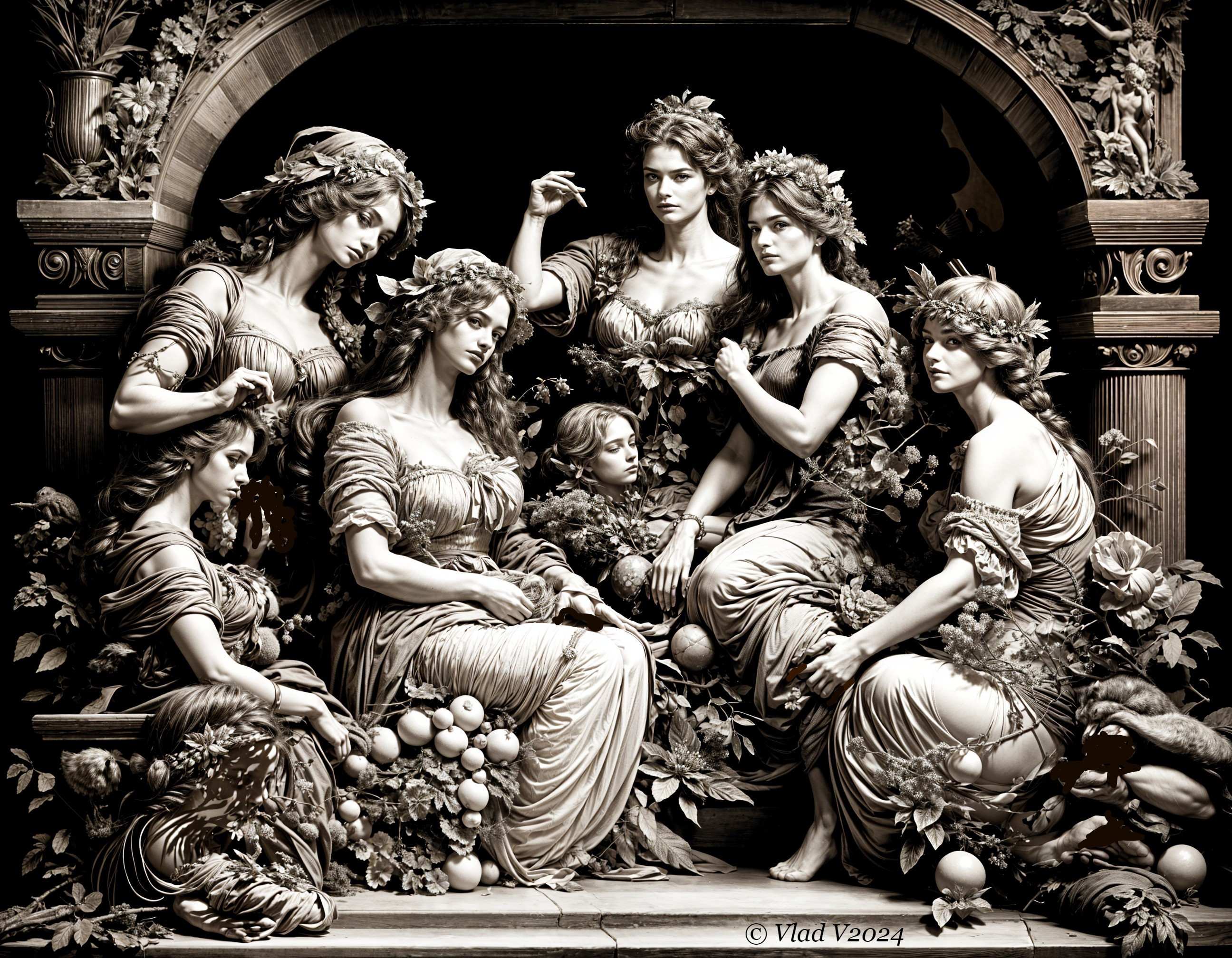 Sepia-Toned Sculpture of Women and Cherubic Child