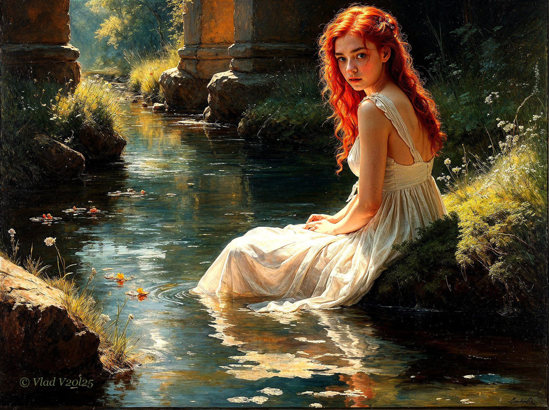 Young Woman by Tranquil Stream in Dreamy Setting