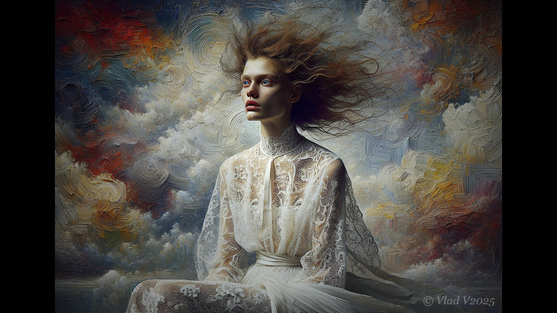 Portrait of a woman with flowing hair and lace gown