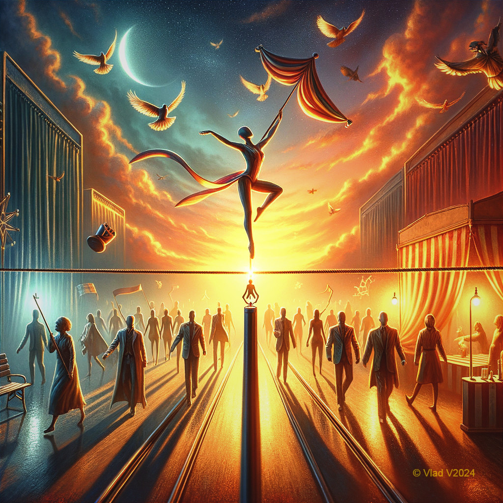 Tightrope Walker Against Dramatic Sunset Landscape