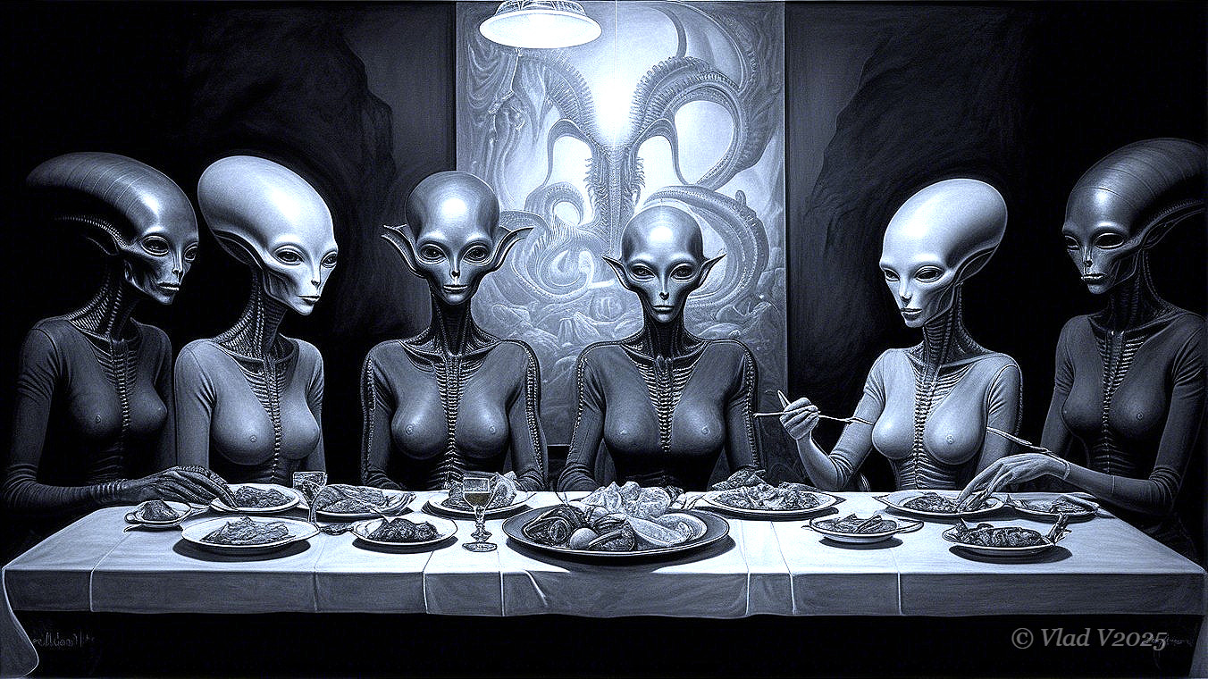 Humanoid aliens dining together in a dimly lit setting