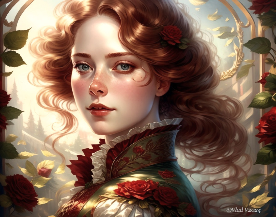 Young woman with roses in hair in dreamy landscape