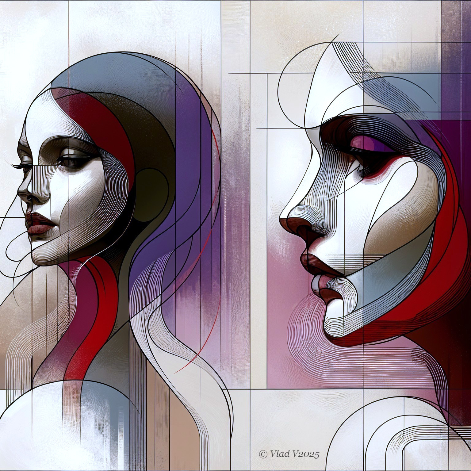 Stylized Female Profiles in Abstract Modern Art