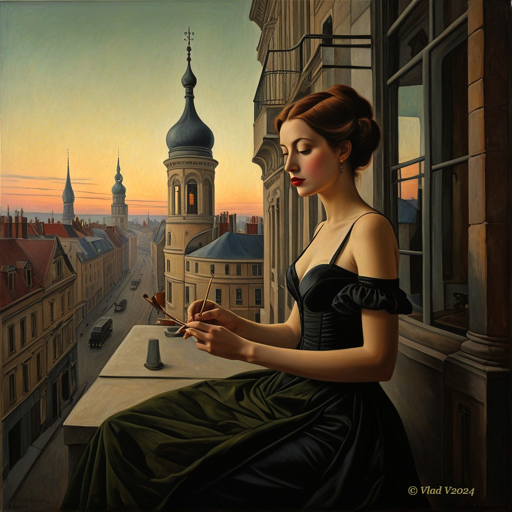 Young Woman Painting on Balcony with Cityscape View