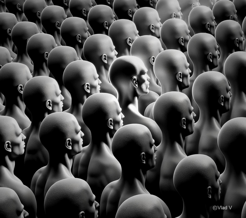 Humanoid Figures in Gray Highlighting Conformity Themes