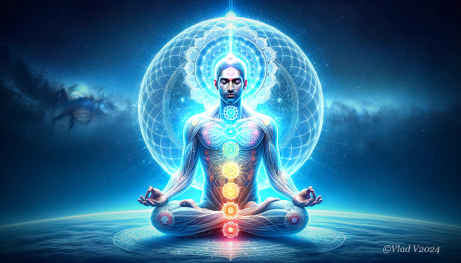 Meditative Figure with Vibrant Energy and Chakras