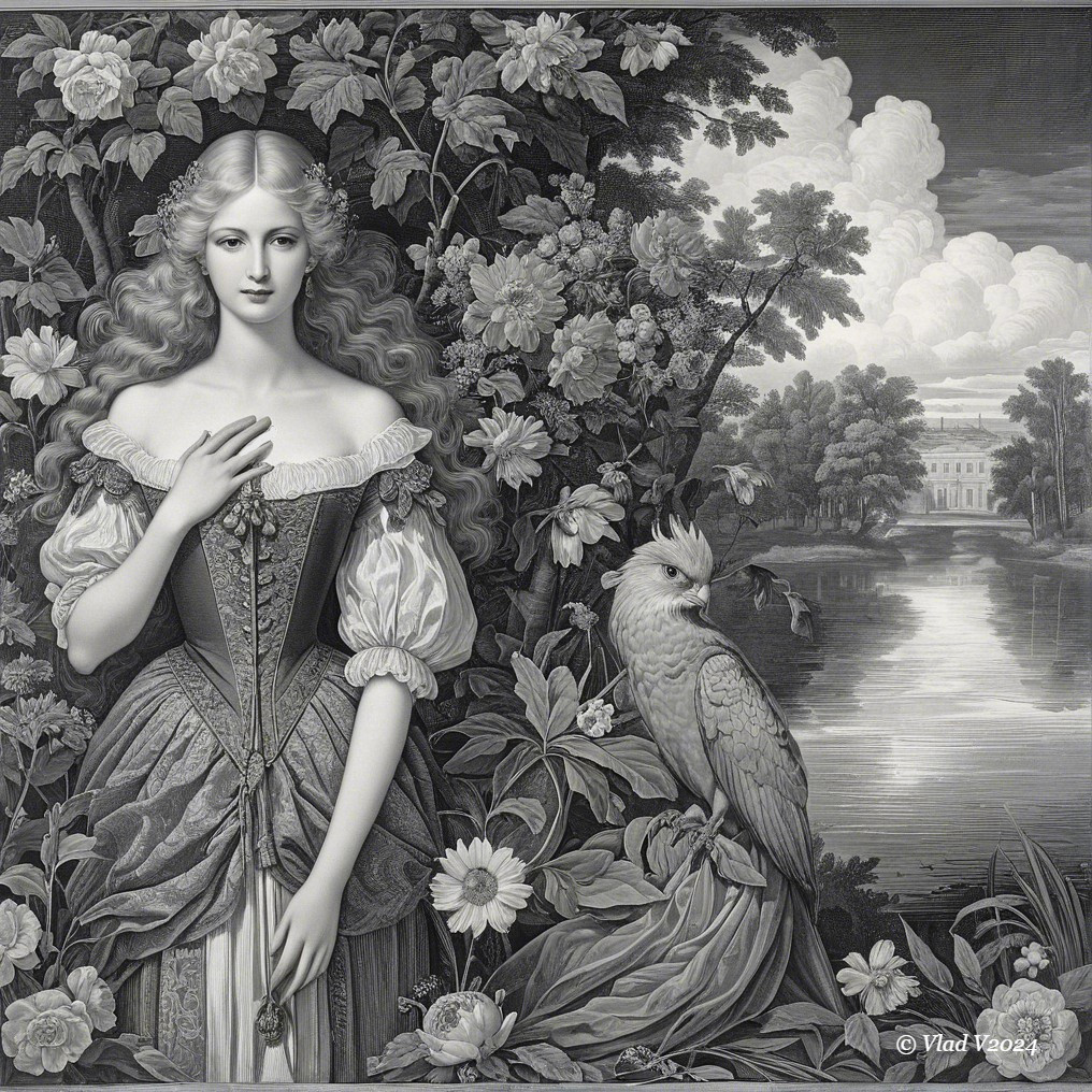 Black-and-white illustration of a woman in a garden