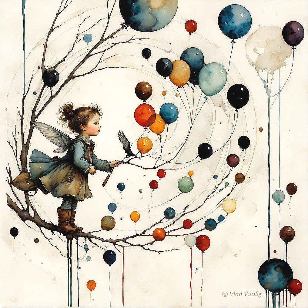 Whimsical illustration of a girl with angelic wings