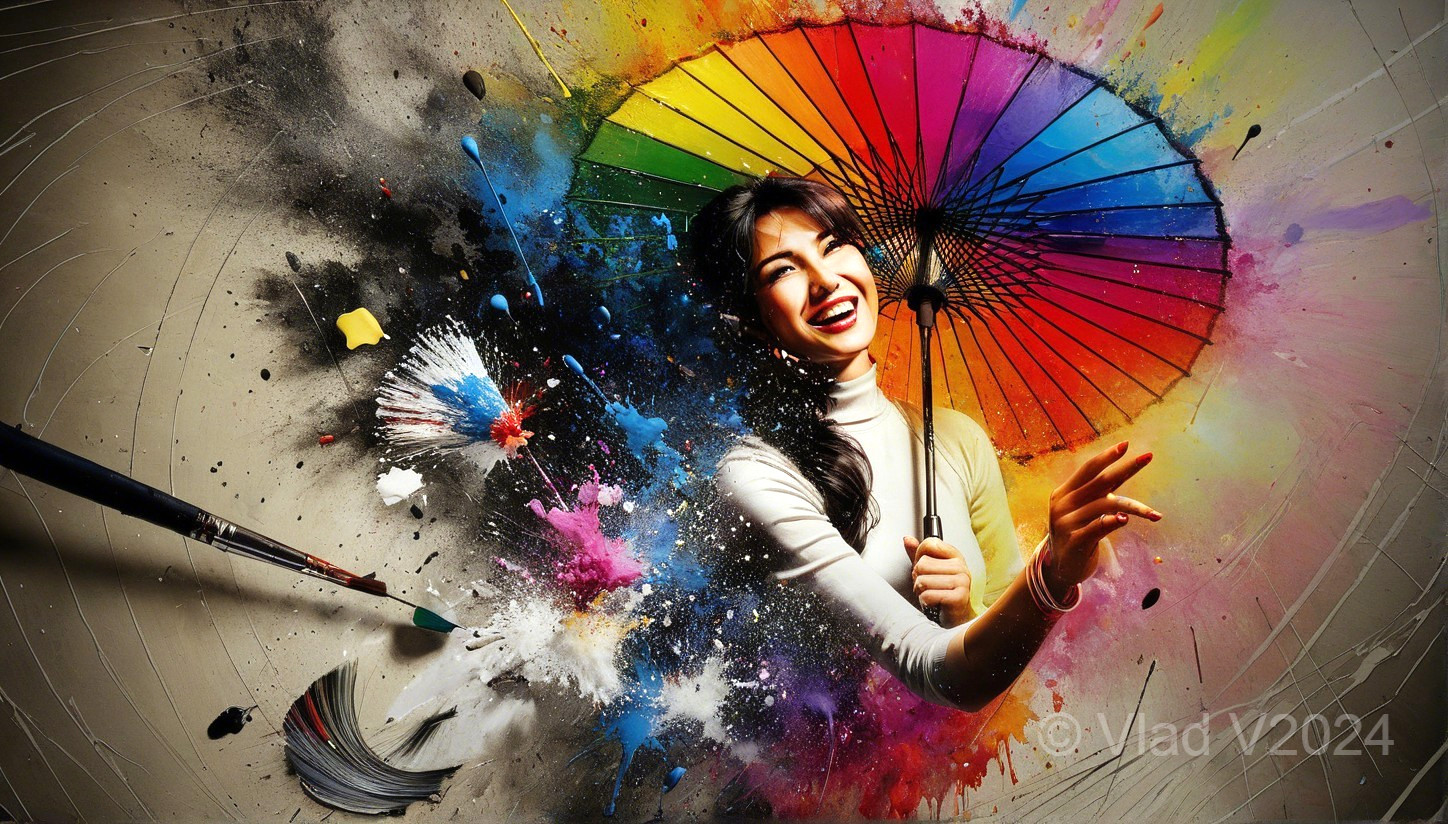 Woman with Rainbow Umbrella Amid Colorful Paint Splashes