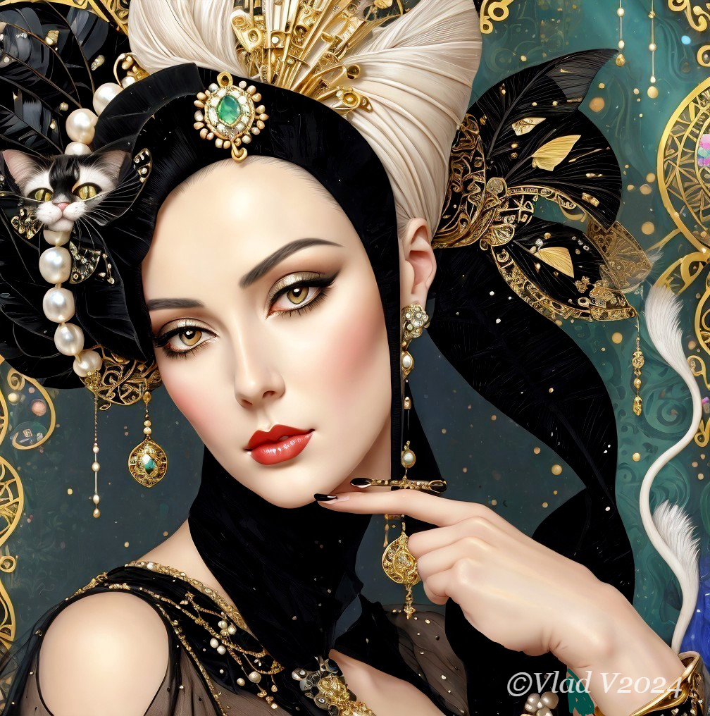 Elegant Woman with Intricate Accessories and Cat
