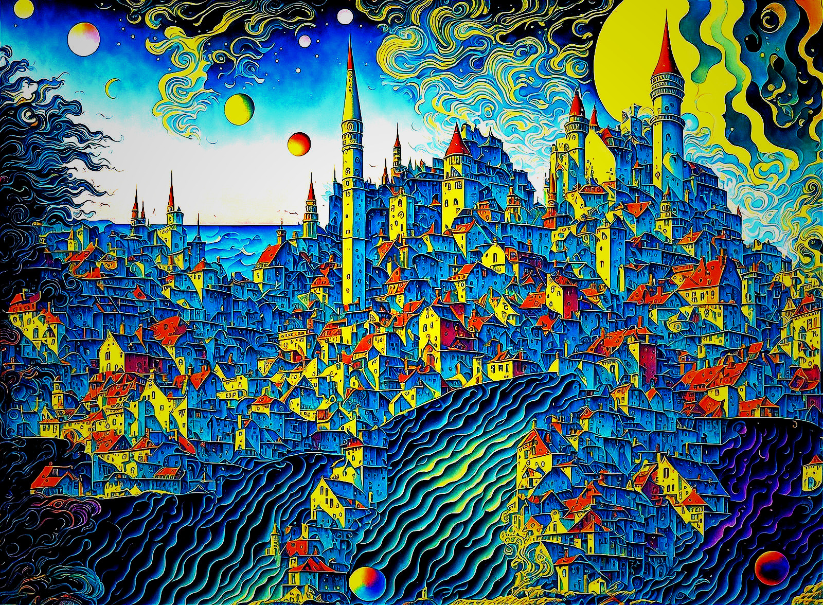 Colorful psychedelic cityscape with swirling patterns and starlit sky