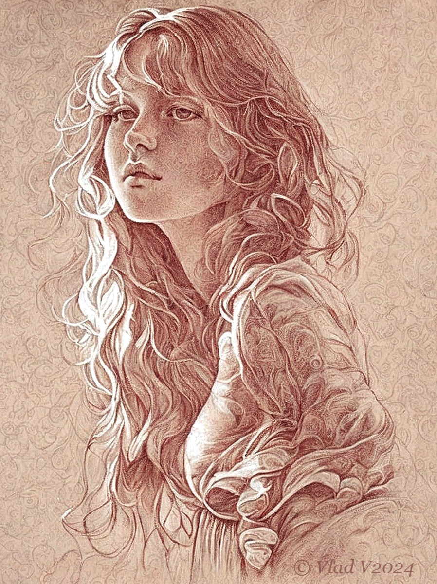 Detailed sketch: Young woman with curly hair, contemplative expression, draped clothing, textured background.