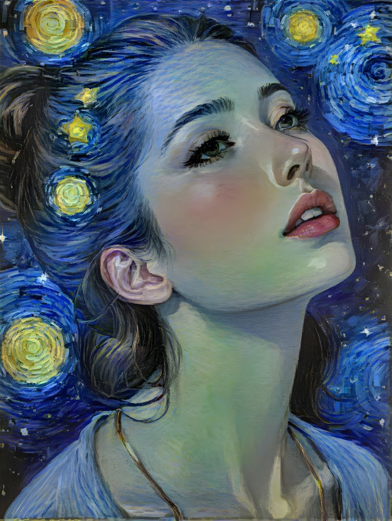 Dreamy Portrait of a Woman Against a Starry Sky