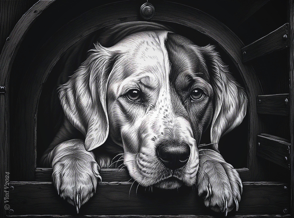 Black and White Drawing of a Dog in a Wooden Structure