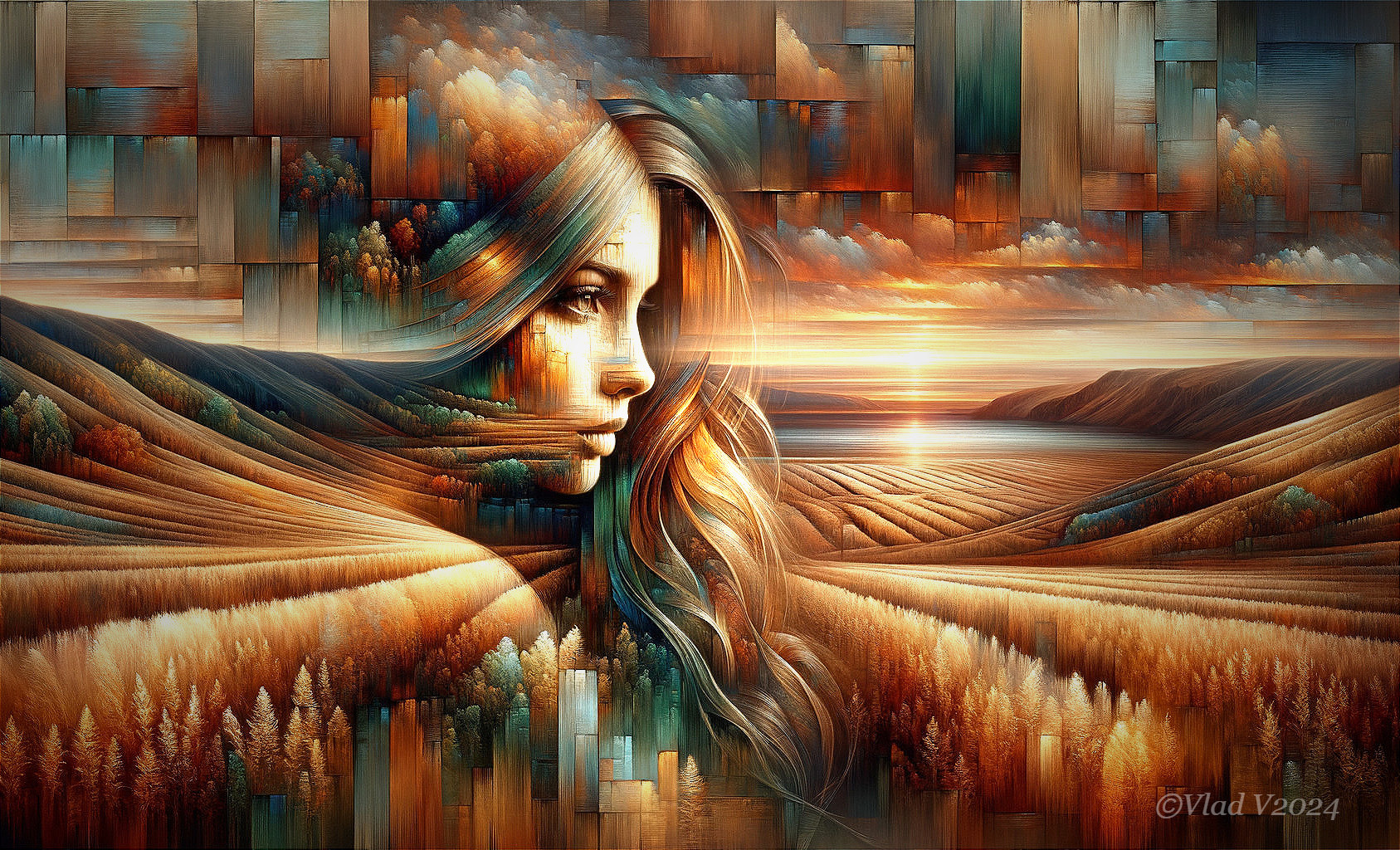 Surreal Landscape Merging Woman's Face with Nature