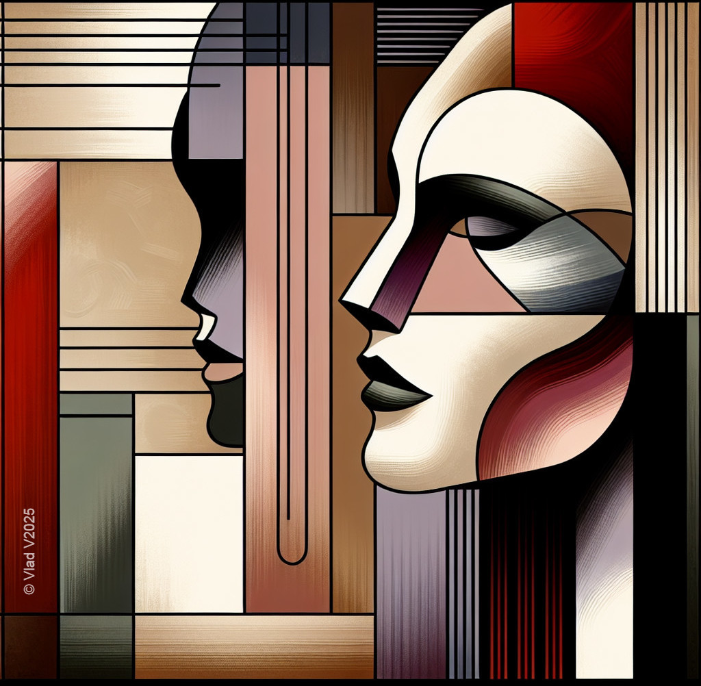 Abstract Artwork with Geometric Faces and Color Blocks