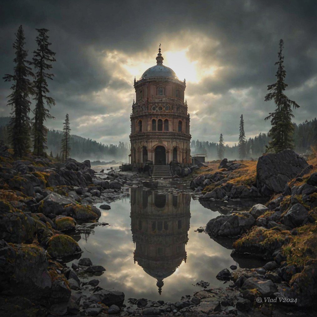 Majestic Dome Building on Rocky Terrain with Reflection