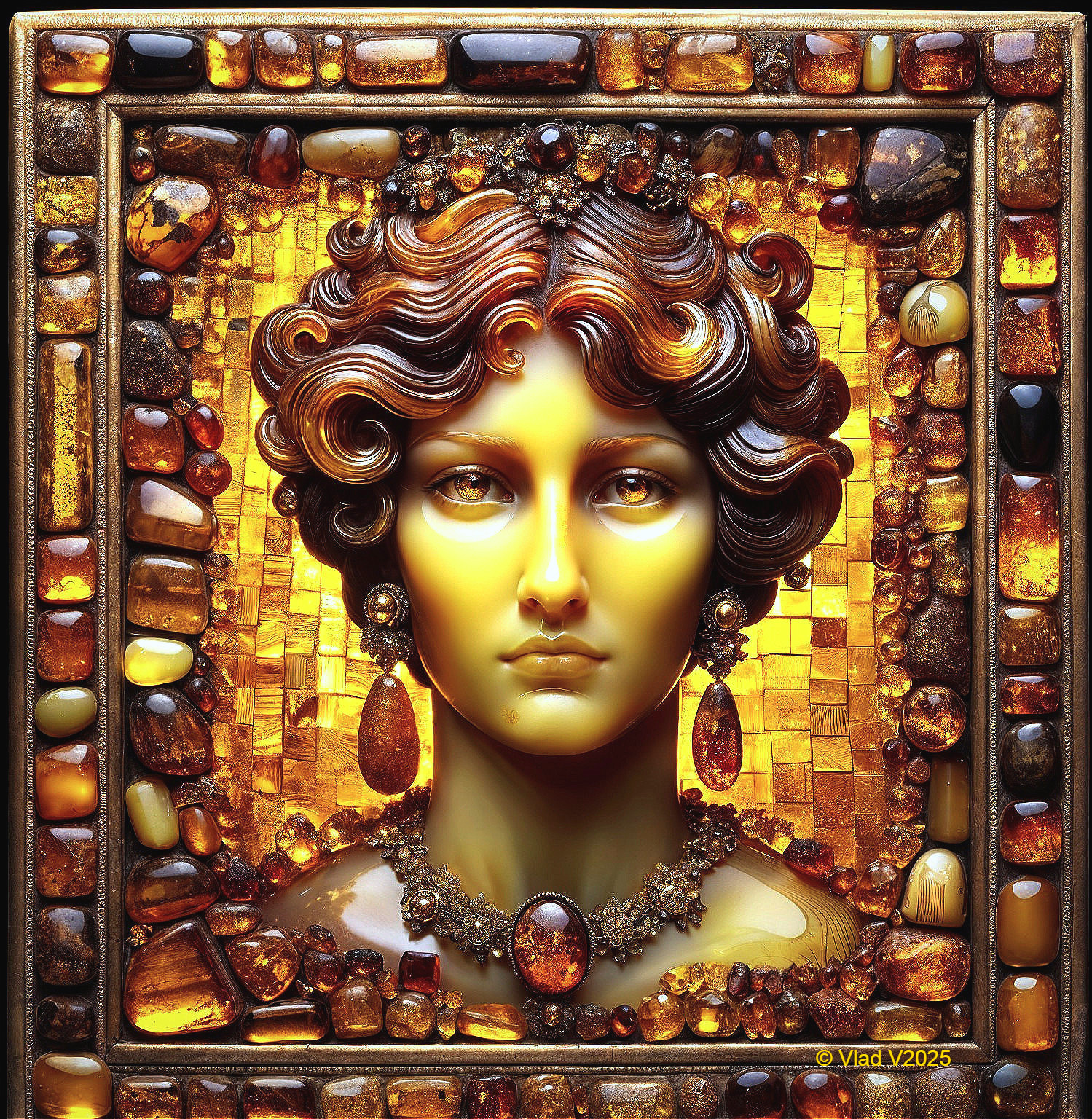Detailed Portrait of a Woman with Curly Hair and Gems