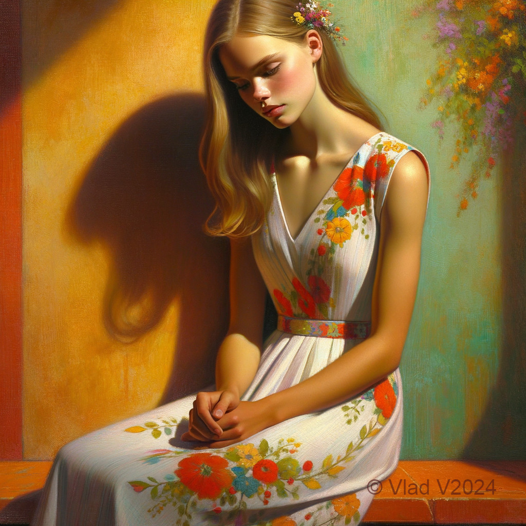 Young woman in floral dress in sunlit setting