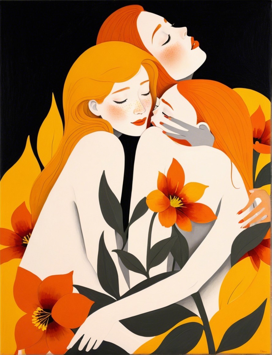 Three Women with Orange Hair Among Vibrant Flowers