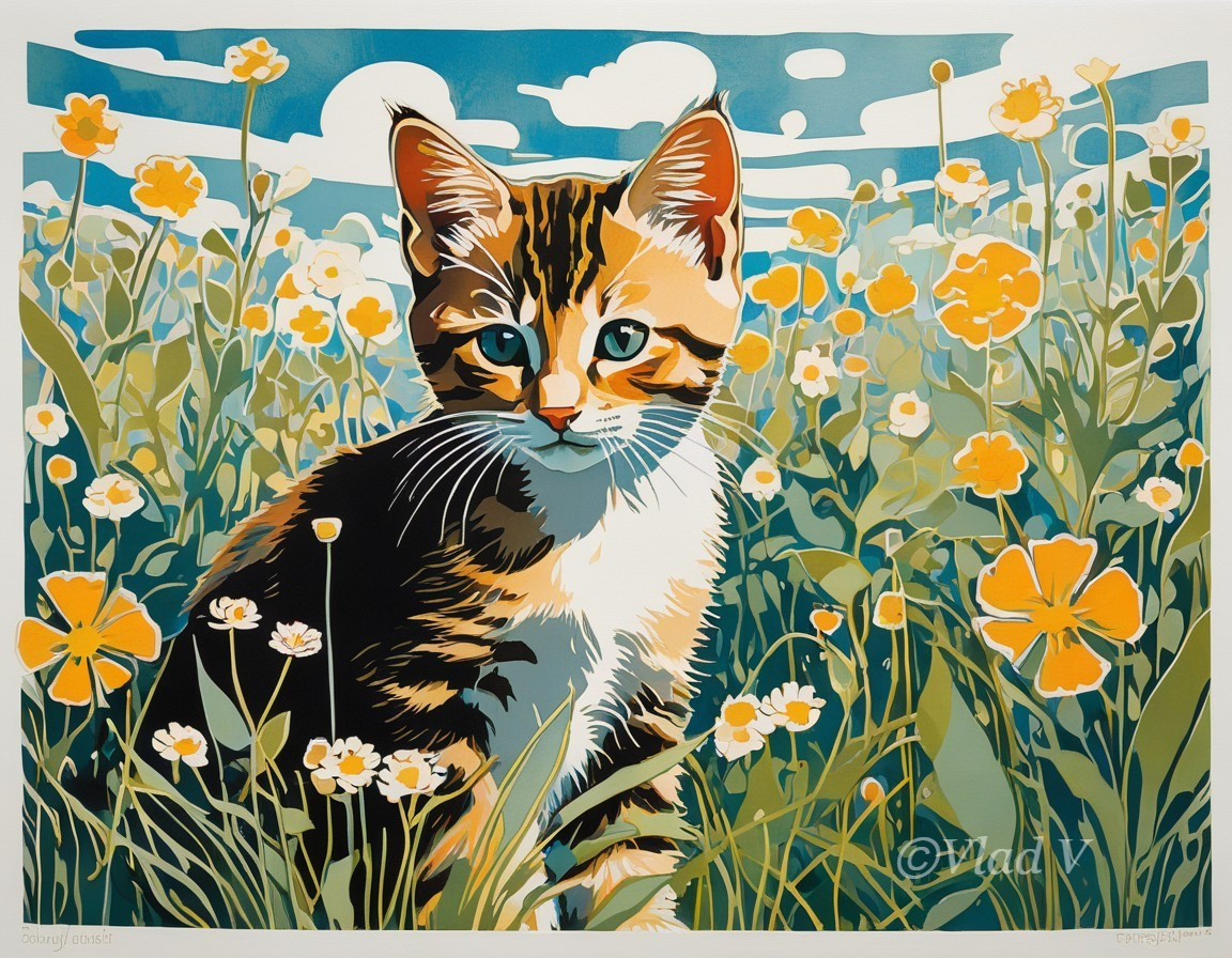Calico Kitten in Flower Field Under Blue Sky