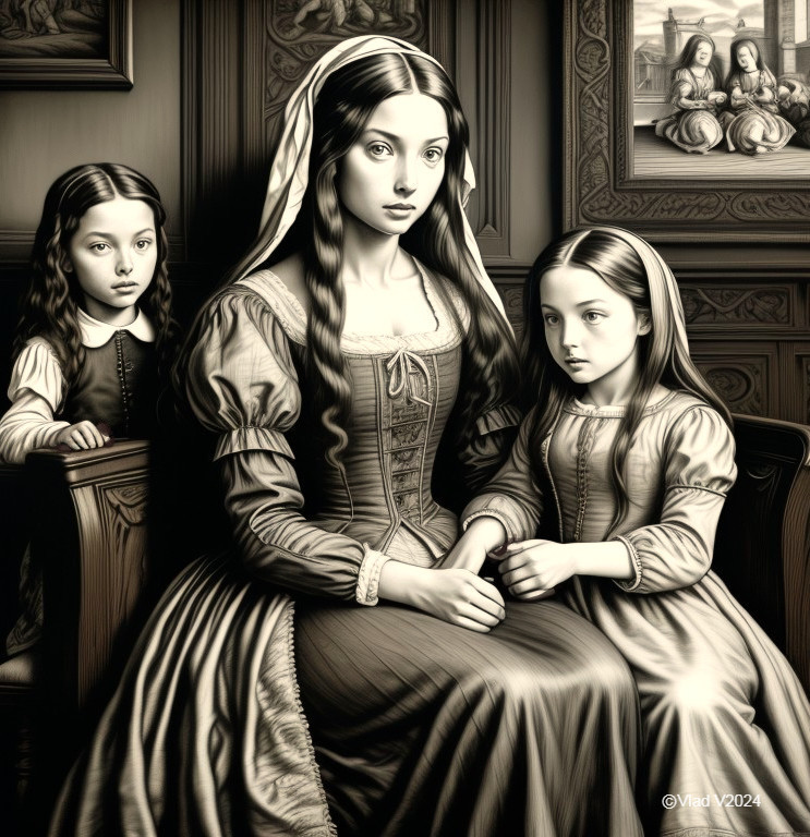 Monochromatic Portrait of Woman with Two Girls