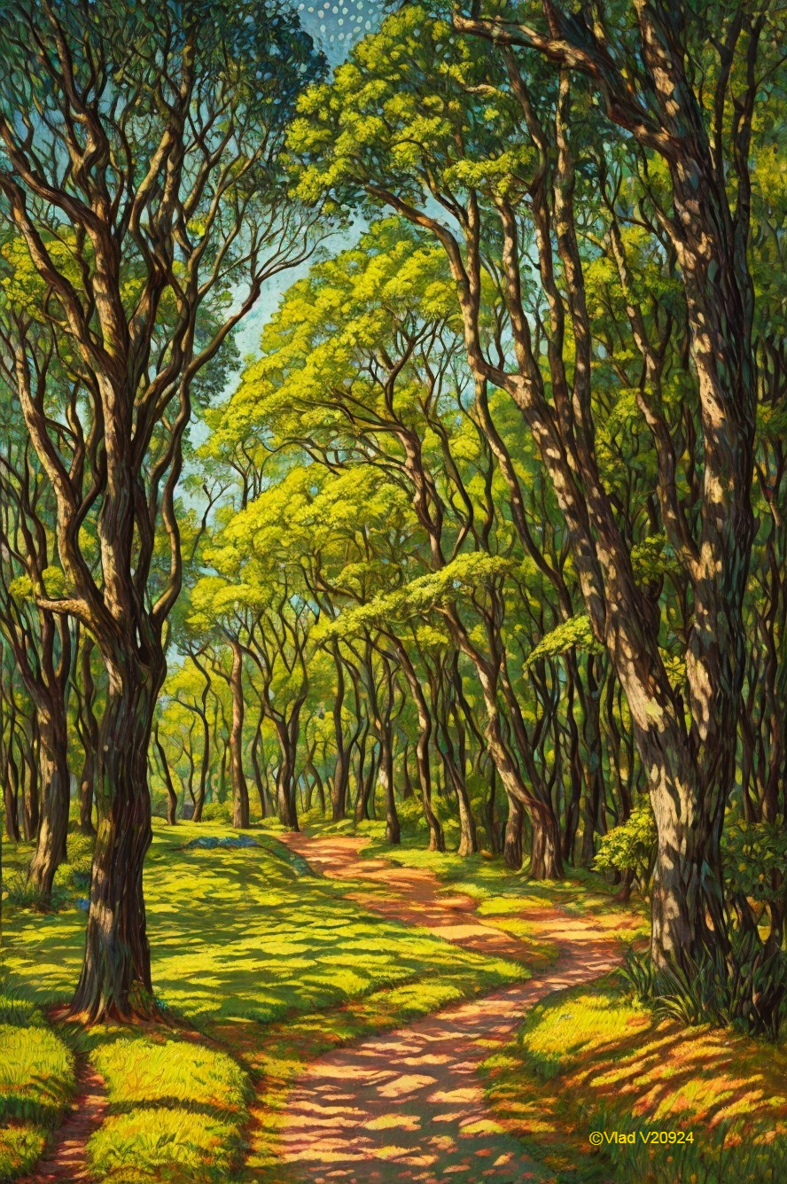 Sunlit Forest Pathway Through Lush Greenery