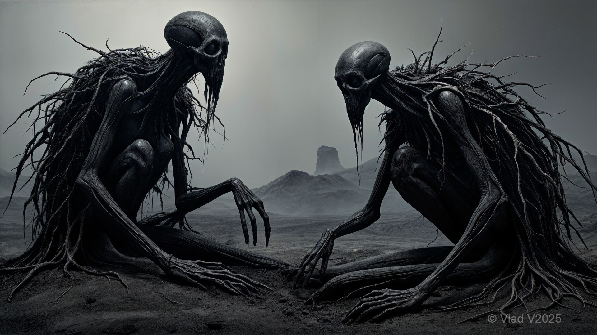 Eerie Humanoid Figures in a Dark, Misty Landscape