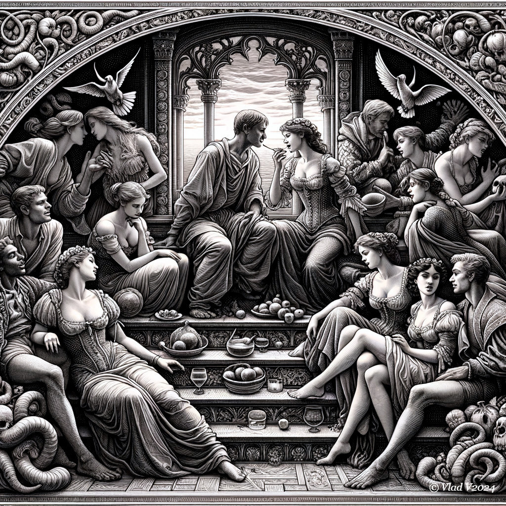 Intricate Artwork of Elegant Figures in Classical Setting