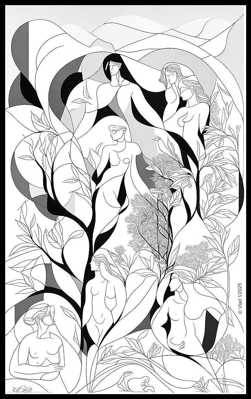 Abstract Illustration of Female Figures and Nature Elements