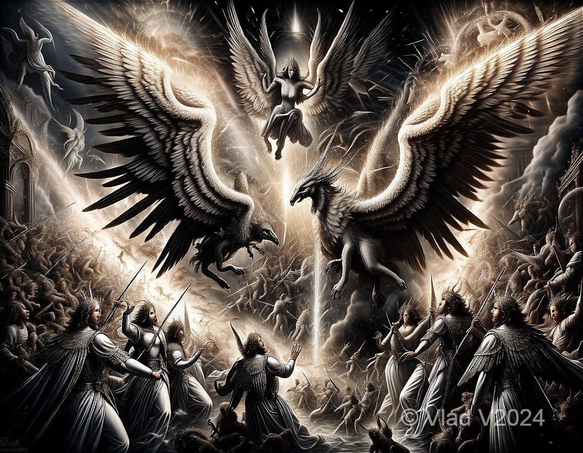 Celestial Battle Scene with Ethereal Beings and Chaos