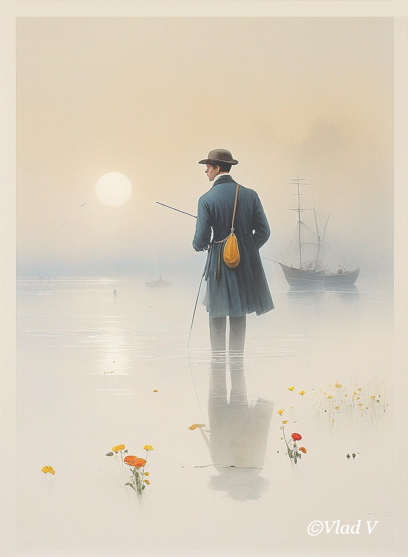 Solitary Fisherman in Tranquil Morning Landscape
