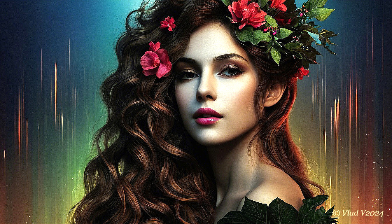Young woman with wavy hair and floral adornments