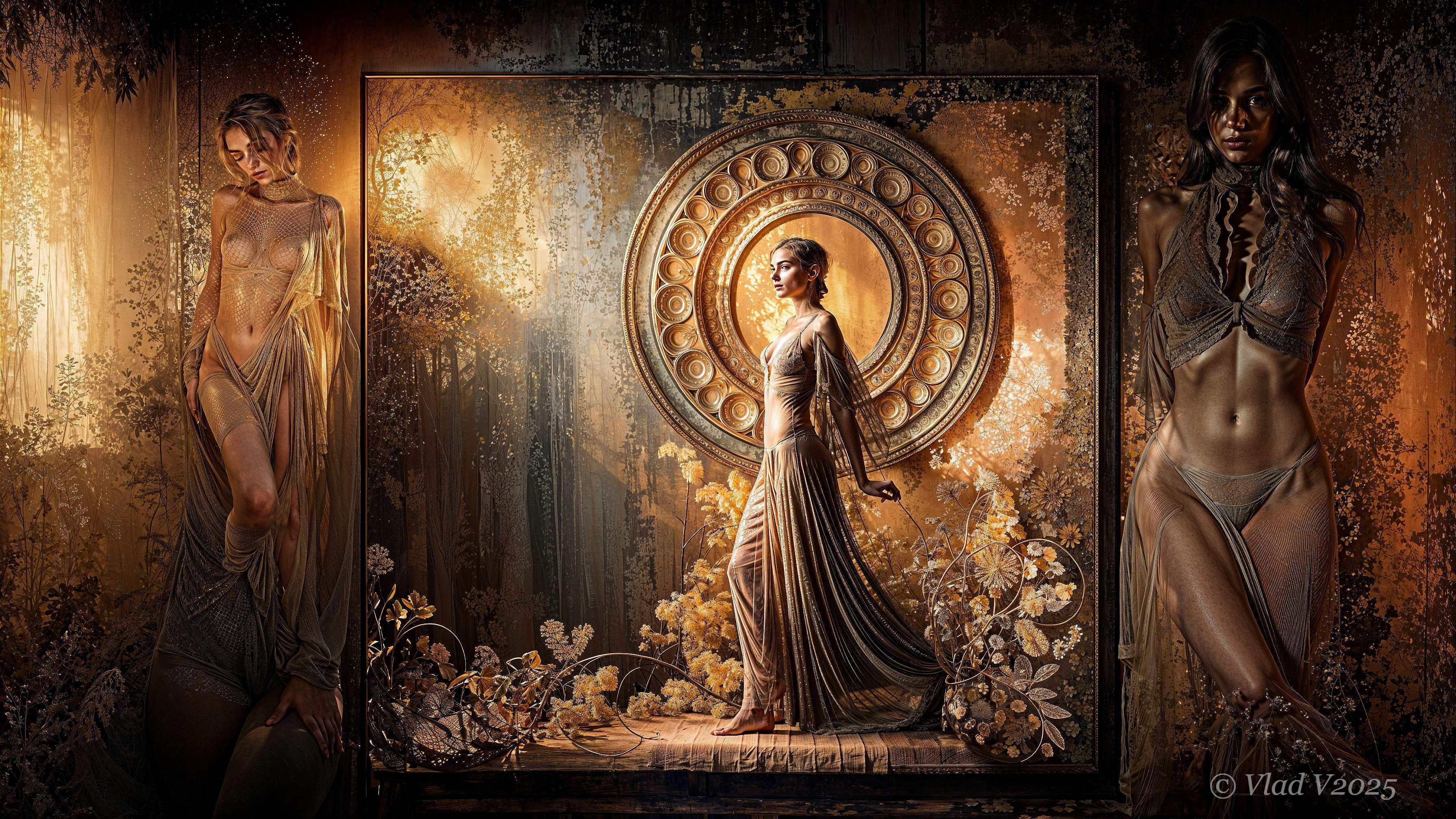 Surreal Composition with Ethereal Figure and Floral Elements