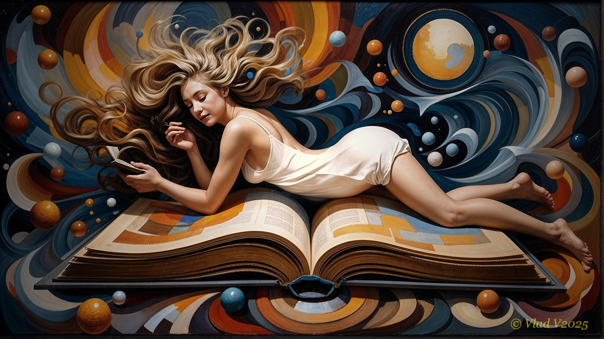 Woman on Open Book with Vibrant Celestial Background