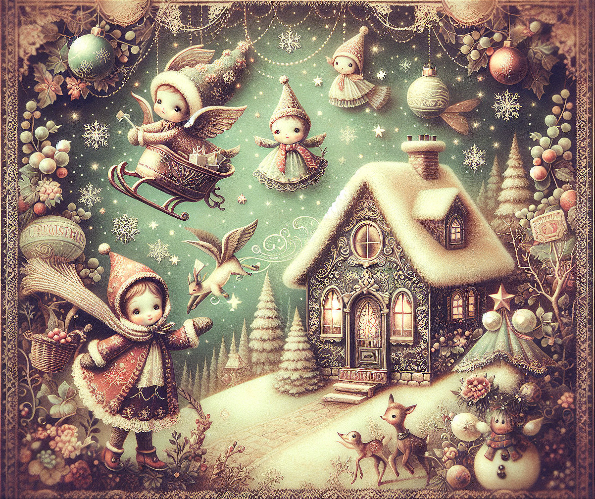 Whimsical Winter Scene with Children and Festive Decor