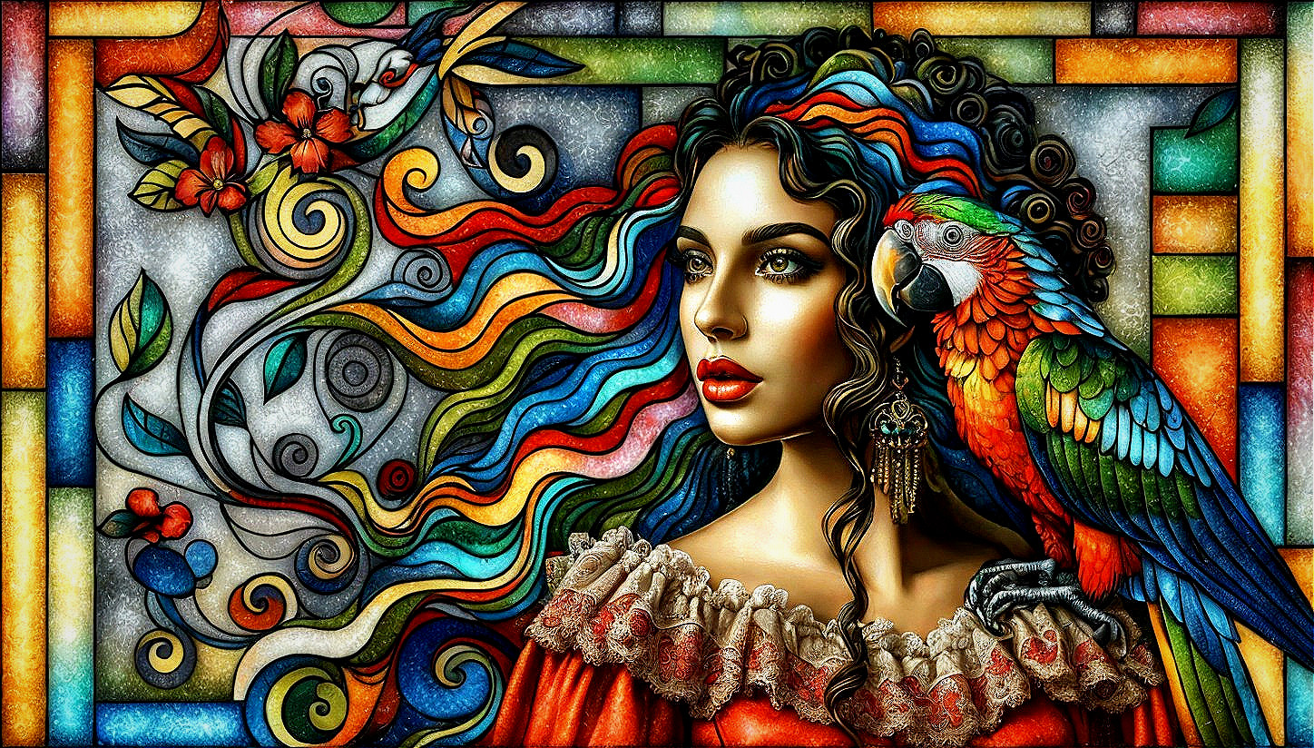 Colorful artwork: Woman with rainbow hair and parrot in mosaic setting