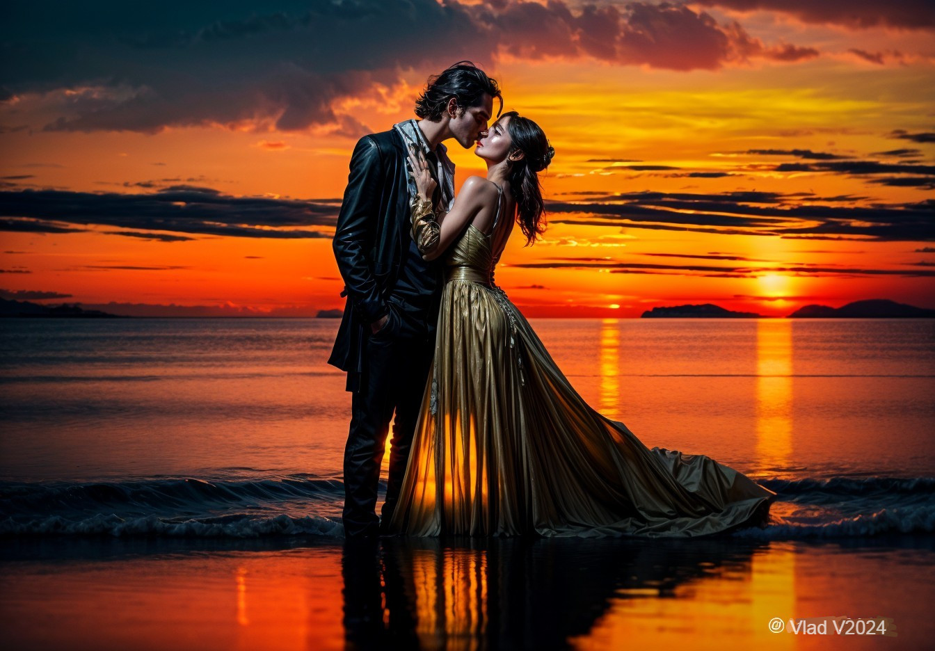 Couple Silhouettes at Sunset on a Tranquil Beach