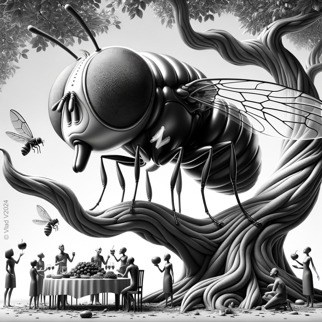 Giant Cartoon Bee Overseeing Feast Under Stylized Tree
