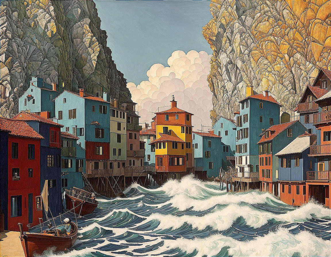 Vibrant houses on stilts above ocean waves with boat, mountains, and clouds