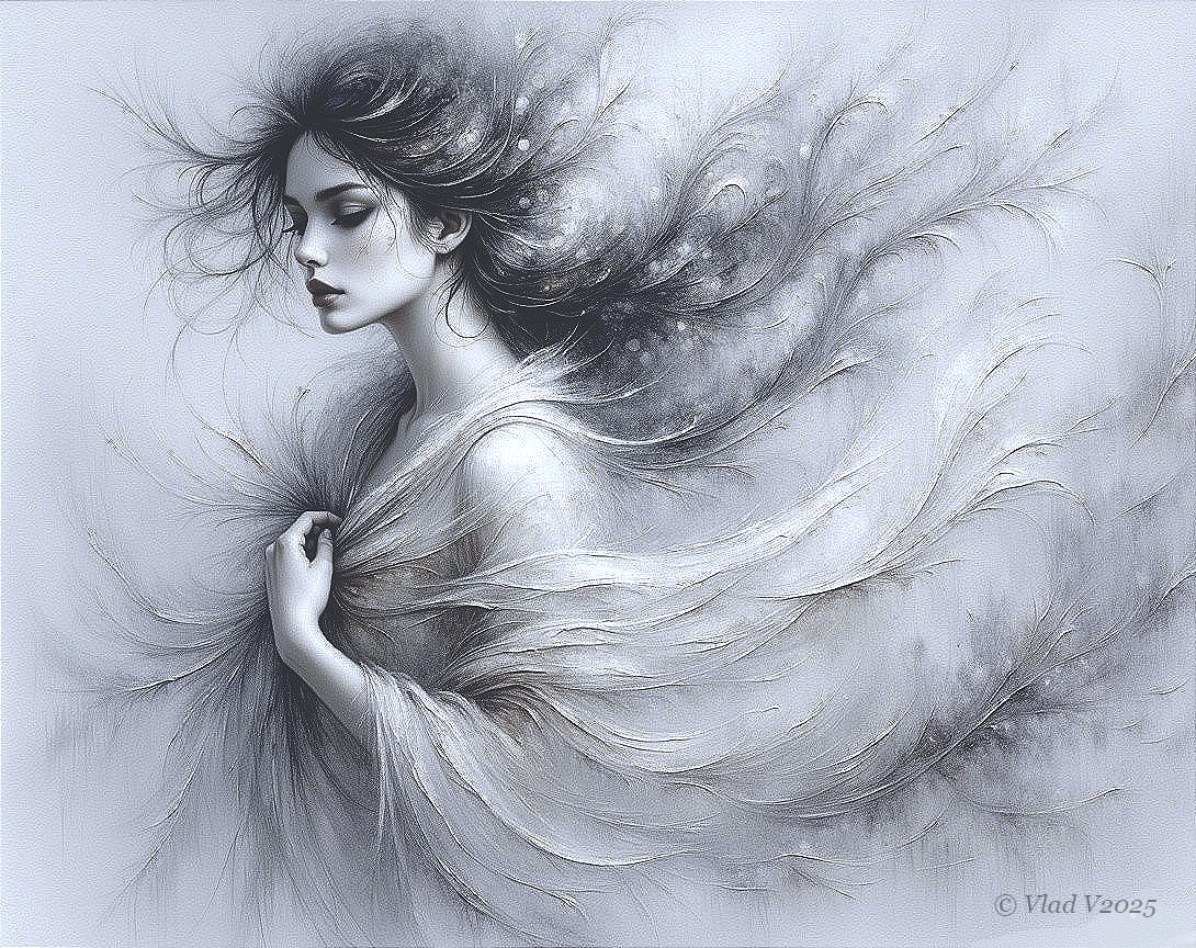 Serene Woman Surrounded by Ethereal Patterns in Gray