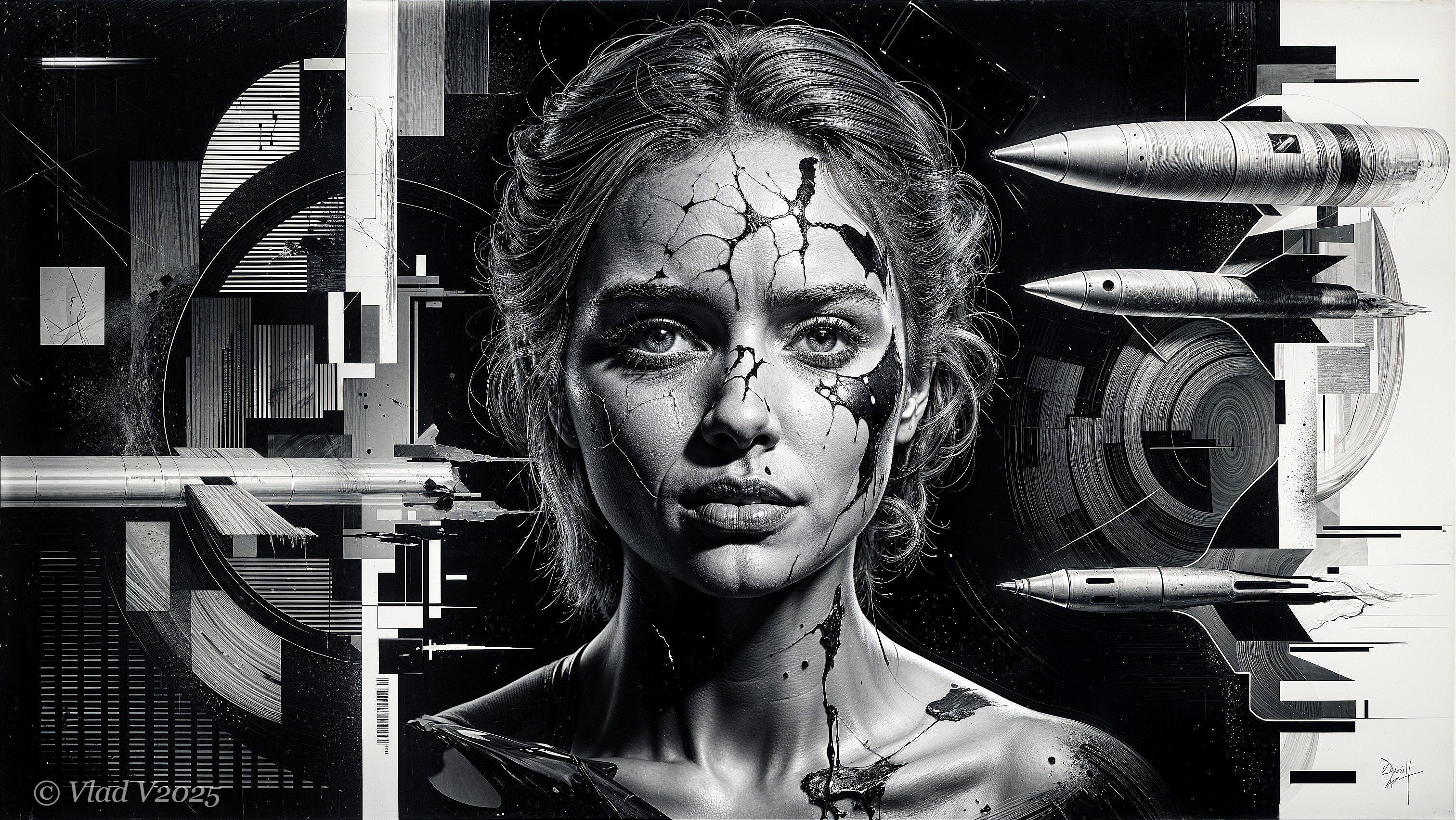 Fragmented Woman's Face with Abstract Digital Motifs